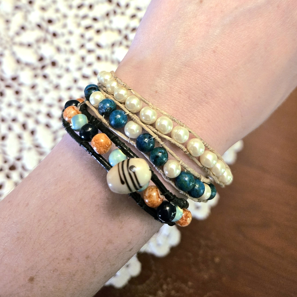 Multi-Strand Beaded Wrap Bracelet - Pearl, Teal, Orange
